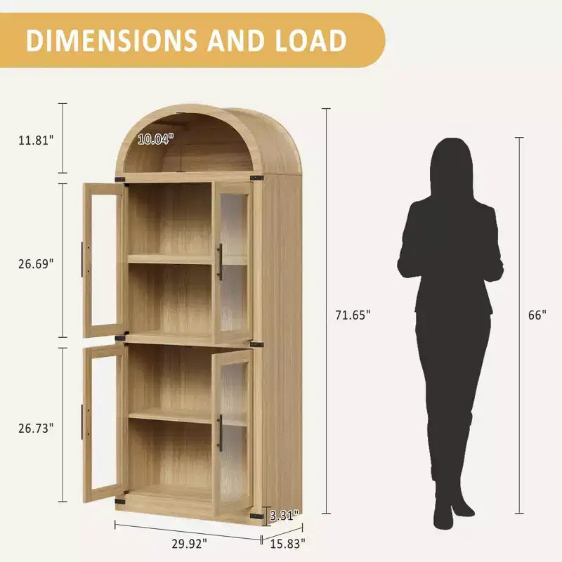 GustoWave 71.4 Tall Arched Bookcase with 4 Doors and 2 Drawers, 15.8 Depth Display Cabinet Storage Shelves ,Wooden Bookshelf