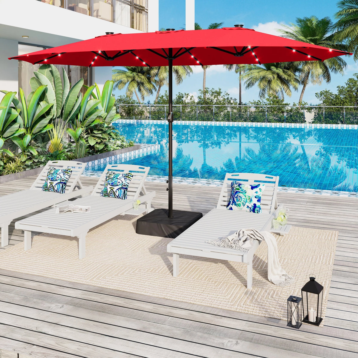 15-foot Rectangular Crank Double-sided Outdoor Market Umbrella Solar LED Lighted Patio Umbrella with Base Included