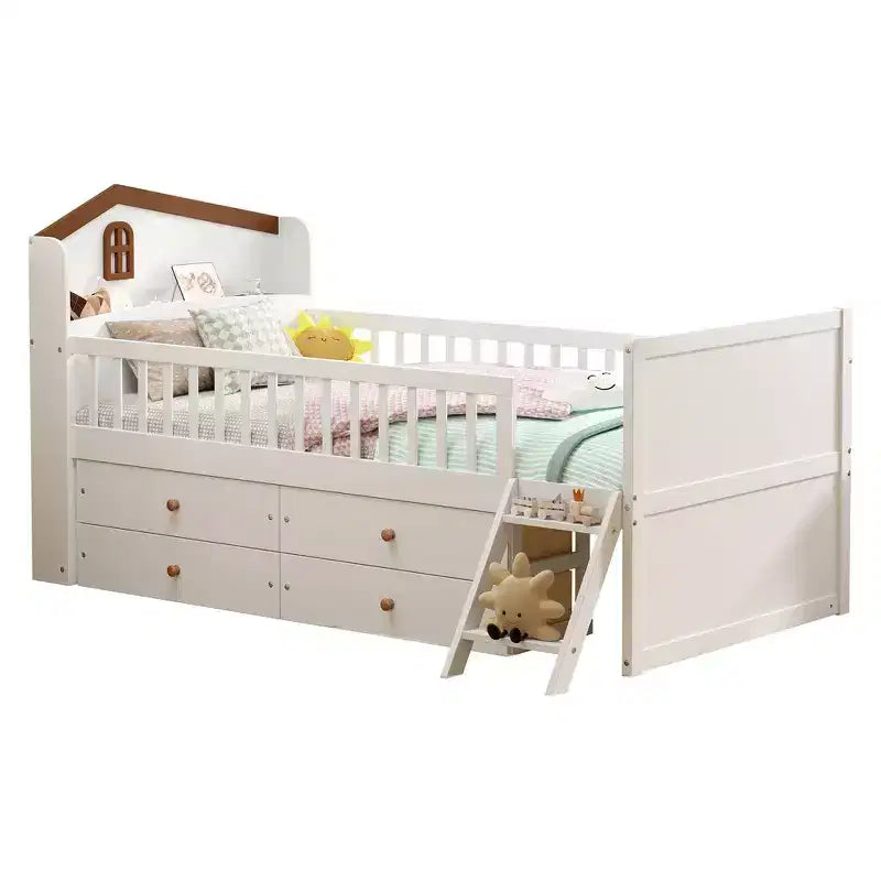Whisen Twin Wooden Bed Frame, Platform Bed Frame with Storage 4 Drawers, Guardrail Headboard and Ladder