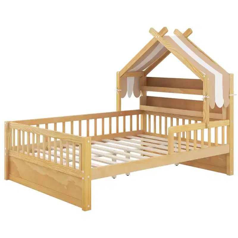 ModernLuxe Twin/Full Size Wooden House Bed with Storage Headboard, Solid Pine Kids Bed Frame with Guardrails