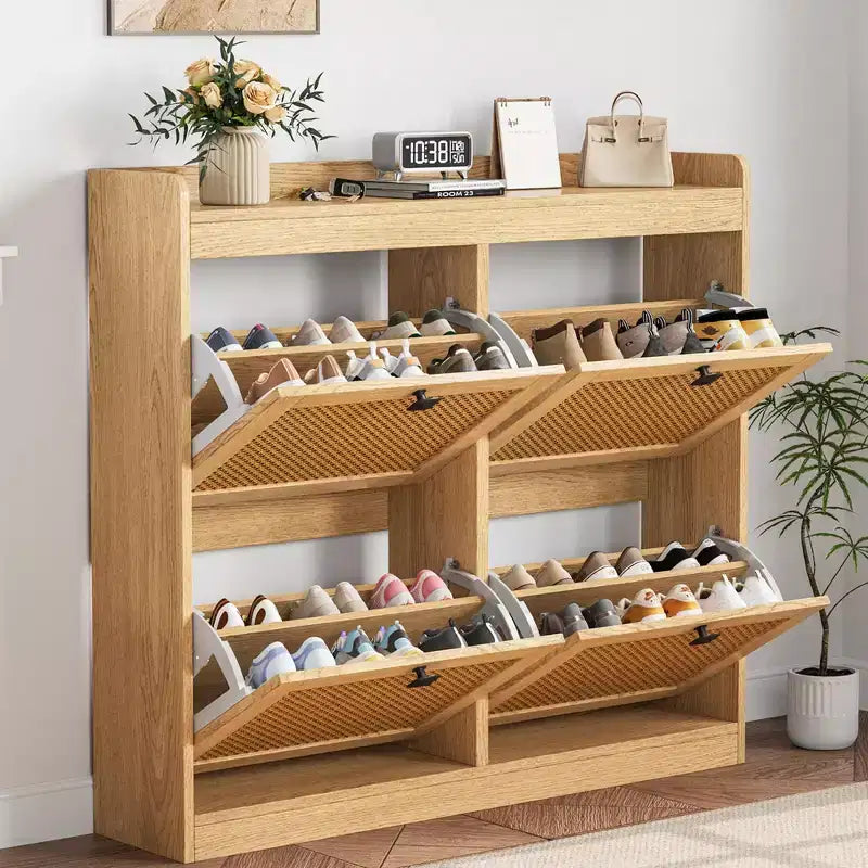 Meuble à Chaussures avec 4 Tiroirs Basculants, Meuble à Chaussures en Bois avec Portes en Rotin et Étagères Réglables - Organisateur de Chaussures Autonome