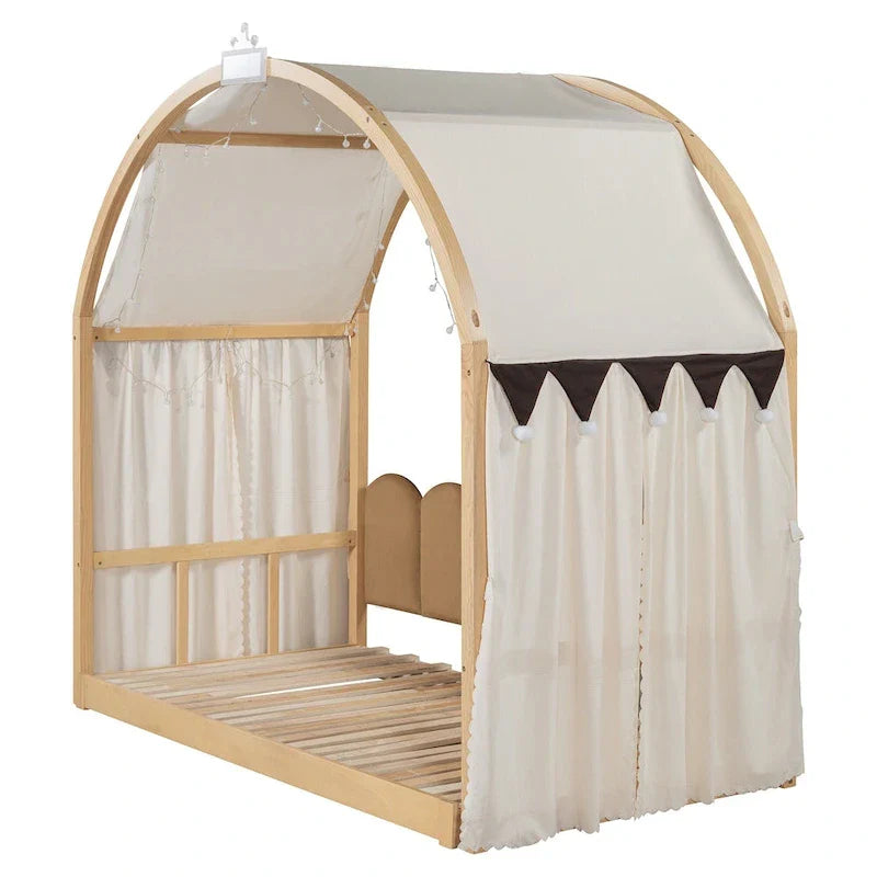 Solid Wood Playhouse Platform Bed Floor Montessori Bed Frame with Arched Roof and Trundle for Girls and Boys
