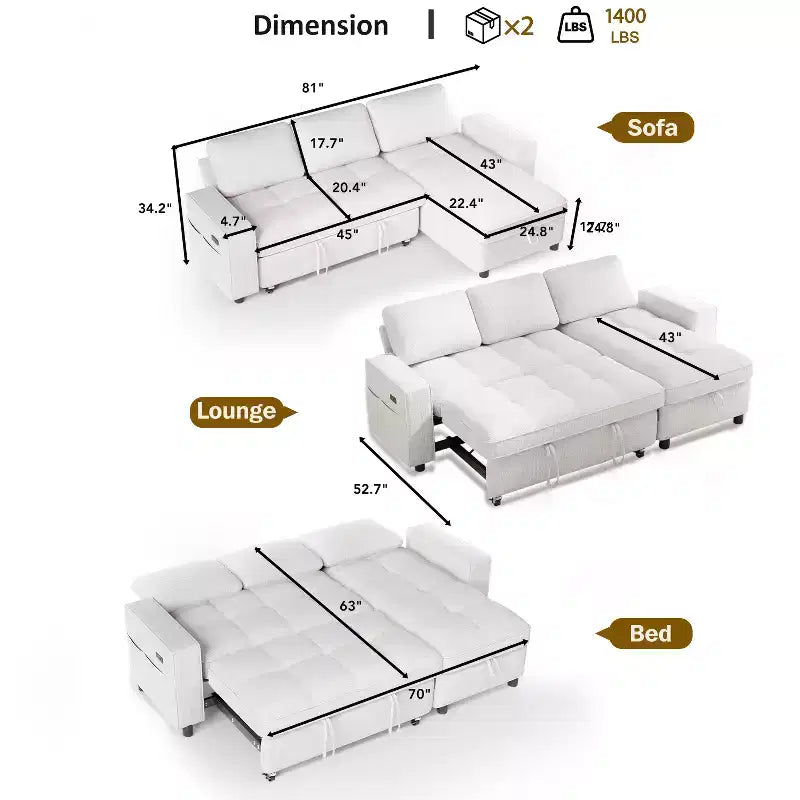 Canapé-lit convertible, canapé-lit en forme de L de 81 po avec méridienne de rangement réversible/port USB/poche latérale/assemblage sans outils, velours côtelé beige