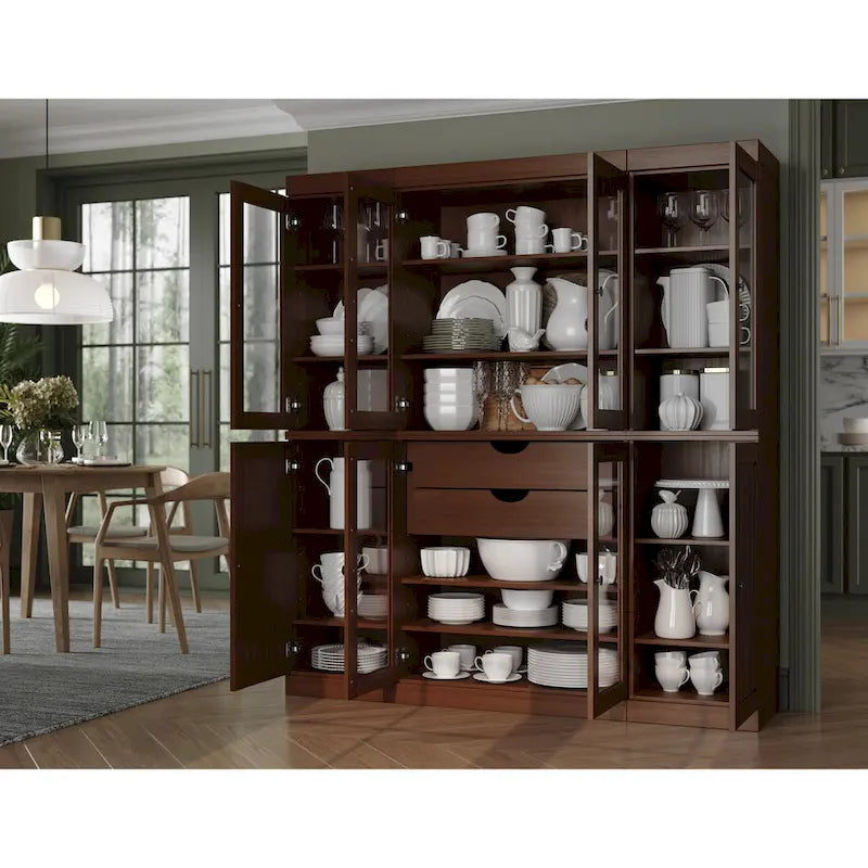 100% Solid Wood Kitchen China Pantry Buffet with Glass or Solid Wood Doors and 2-Drawer Kit 65 x 71.5