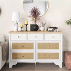 7 Drawer Dresser for Bedroom, 47.3 Wide Natural Rattan Chest of Drawers, Wood Boho Clothing Storage Organizer, for Living Room