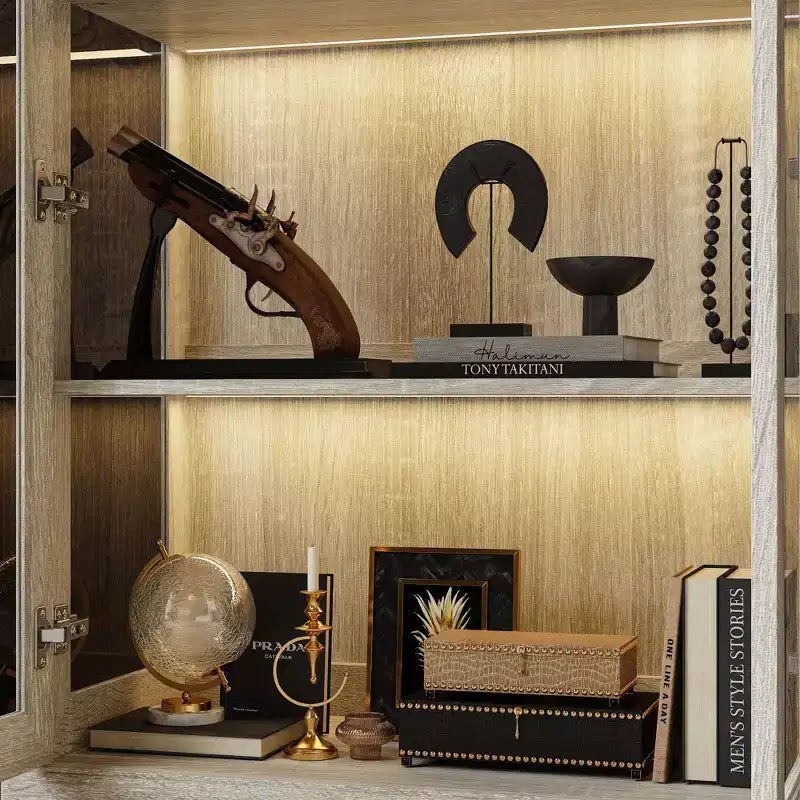 Famapy Bookcase Gray Oak Glass Display Cabinet wLED Light Strip, Tall Bookshelf with Doors Curio Storage Cabinet