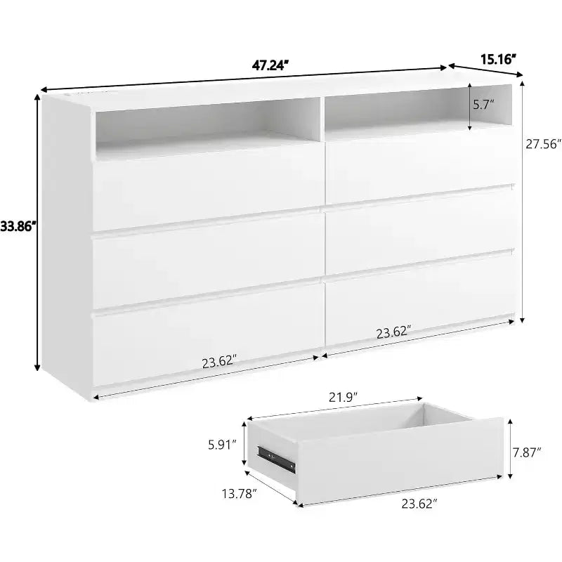 6-Drawer Double Dresser with LED Lights, Wide Storage Chest with Open Shelving,White