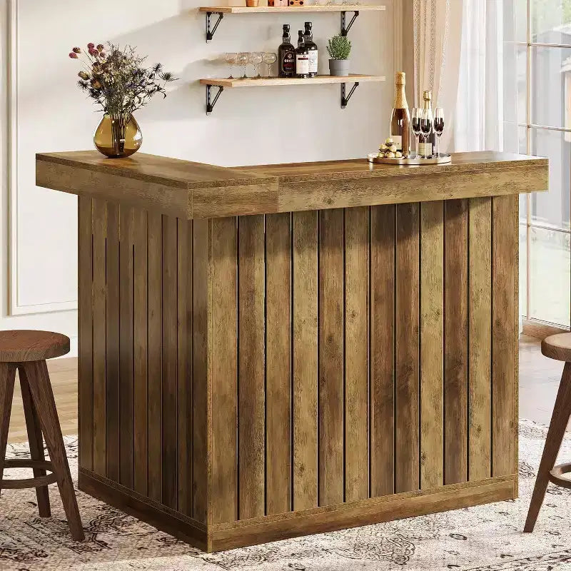 Lantine L-Shaped Home Bar Unit, 4-Tier Corner Liquor Bar Table with Storage Shelves and Wine Glasses Holder for Home Pub