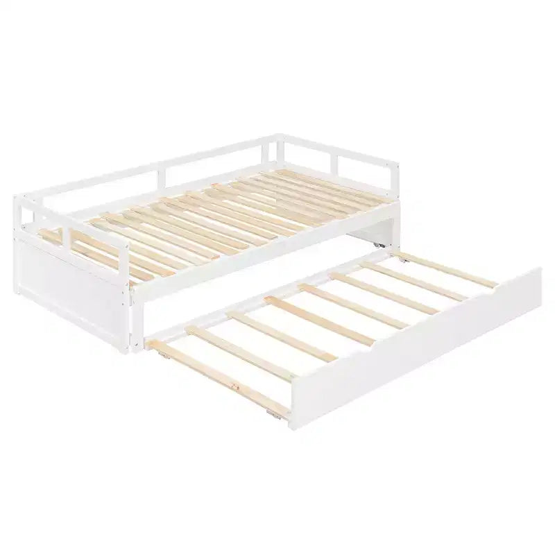 Okak Twin Size Extending Design Daybed with Trundle/Drawers & Safety Rails,Solid Wood Platform Bed Frame for Teens,Adults