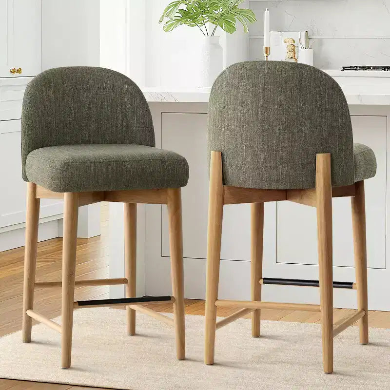 Lot de 2 tabourets de bar modernes hauteur comptoir, 26 po, chaises rembourrées en lin pour îlot de cuisine avec pieds en bois massif et dossier incurvé - Panipeachy