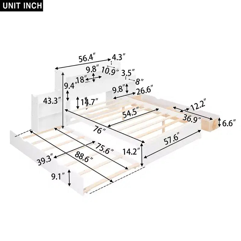 Full Storage Platform Bed with Trundle, Bookcase Headboard and Charging Station, Wooden Full Size Bed Frame with Shelves and Drawers