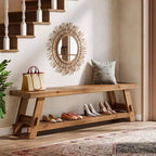 Lantine 63 Solid Wood Shoe Storage Bench , Farmhouse Entryway Bench with Storage Shelf, Dining Bench for Entryway, Bedroom, Mudroom, Rustic Brown