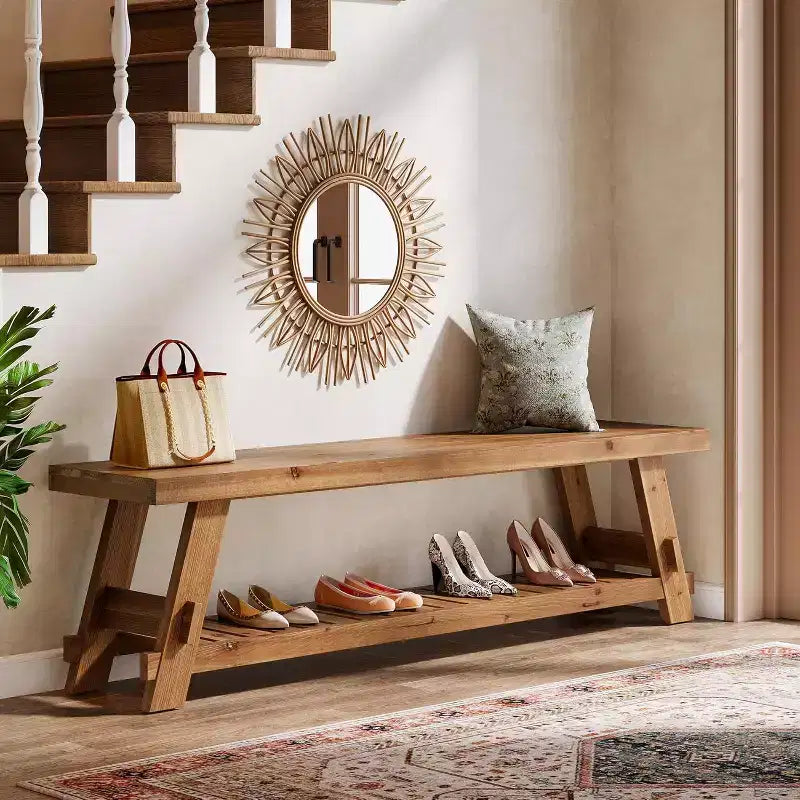Lantine 63 Solid Wood Shoe Storage Bench , Farmhouse Entryway Bench with Storage Shelf, Dining Bench for Entryway, Bedroom, Mudroom, Rustic Brown