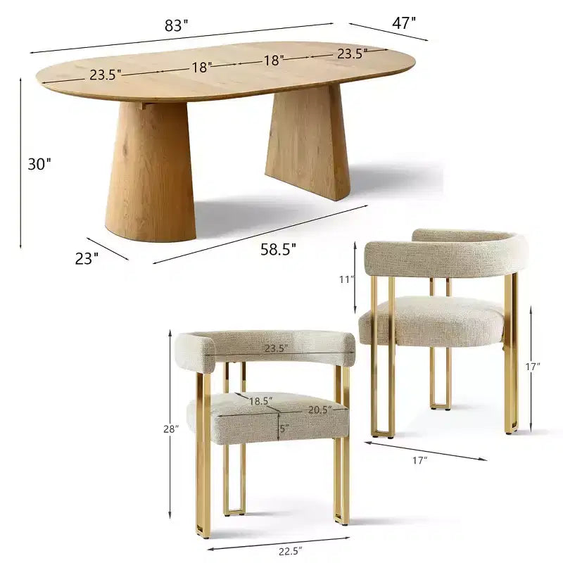 3-in-1 Oval Extendable Dining Table Set with 6 Chenille Upholstered Chairs Featuring Gold Metal Legs, Versatile Dining Furniture-Panipeachy