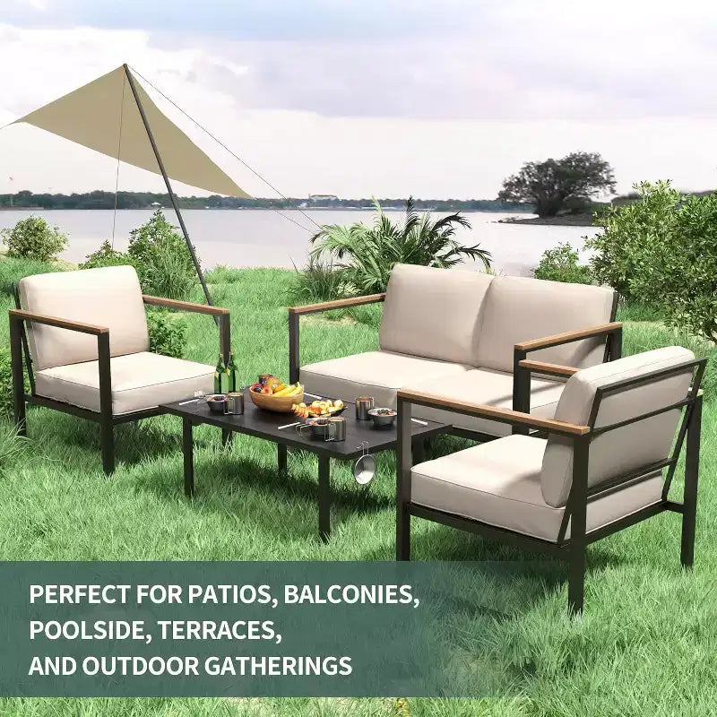 Ensembles de meubles de patio en métal d'extérieur pour 4 personnes, meubles de jardin avec causeuse et table basse, pour porche, appartements, jardin