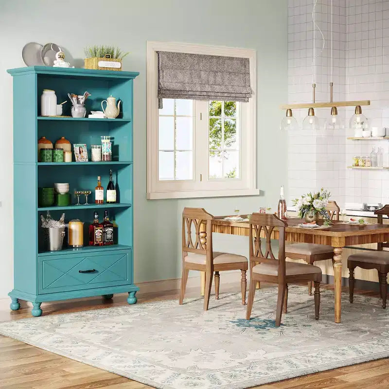 LITTLE TREE 70.87 6 Shelf Bookcase with Drawer and Solid Wood Legs Ocean Blue