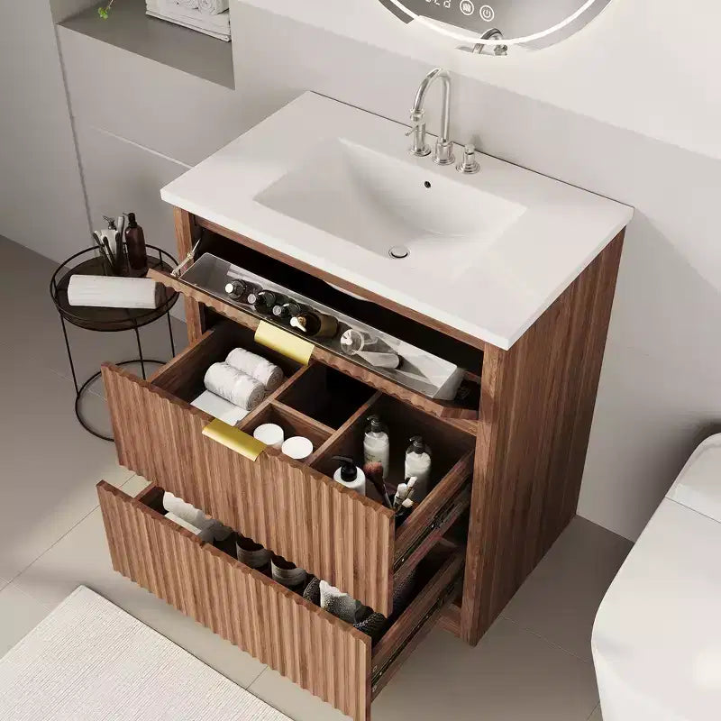 Modern Fluted Bathroom Vanity Set with Integrated Ceramic Basin Freestanding Bathroom Storage Vanity Cabinet with 3 Drawers for Contemporary Bathroom