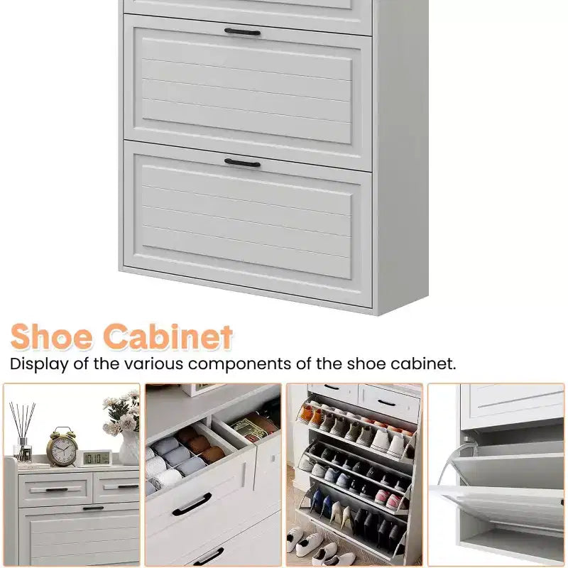Meuble à chaussures avec 3 tiroirs basculants et 2 tiroirs de rangement, organiseur de chaussures étroit peu encombrant avec étagères réglables pour entrée, blanc