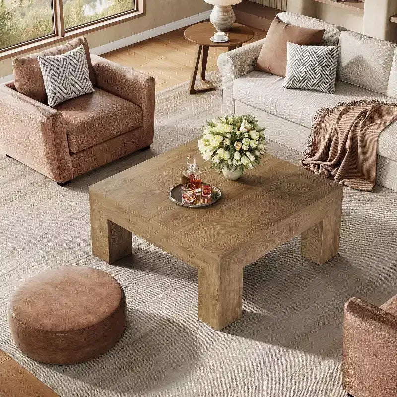 Table basse carrée Lantine de 99 cm pour salon, table basse d'appoint style ferme avec pieds en bois robustes, montage facile