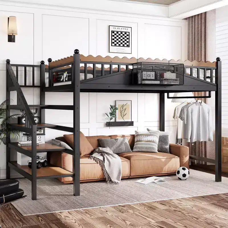 Lit mezzanine en métal ModernLuxe Twin XL/Full/Queen avec escaliers de rangement et étagères, cadre de lit mezzanine robuste, noir