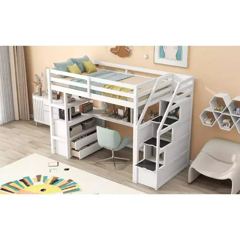 Lit superposé en bois massif Okak taille normale/double avec 2 tiroirs intégrés et escalier de rangement, lit mezzanine avec bureau et étagères pour enfants et adolescents, facile à assembler