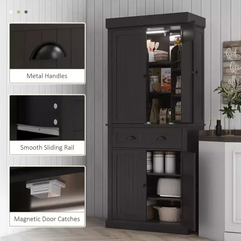 71 Kitchen Pantry Cabinet with LED Lights, 6 Door Shelves, a Drawer and 4 Adjustable Shelves