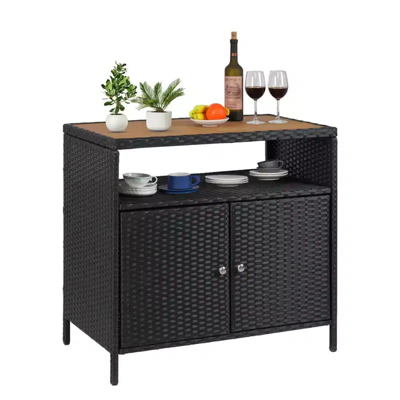 Meuble de rangement extérieur, table de bar en rotin résistant aux intempéries avec deux portes, coffre de rangement en osier pour patio, table de bar de jardin résistante aux intempéries