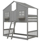 Twin over Twin House Bunk Bed with Roof , Window, Window Box, Door , with Safety Guardrails and Ladder, Grey
