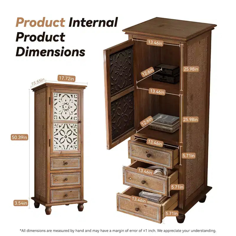 GDFStudio Brielle Rustic Tall Storage Cabinet with Floral Cutout Door and Drawers