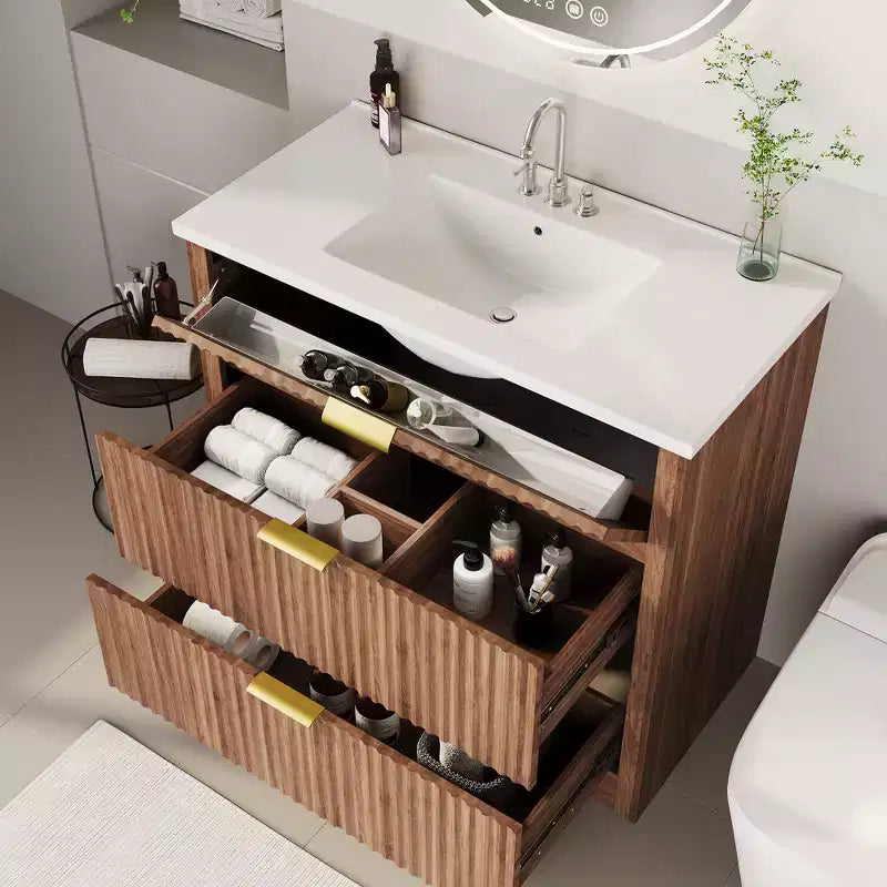 Modern Fluted Bathroom Vanity Set with Integrated Ceramic Basin Freestanding Bathroom Storage Vanity Cabinet with 3 Drawers for Contemporary Bathroom
