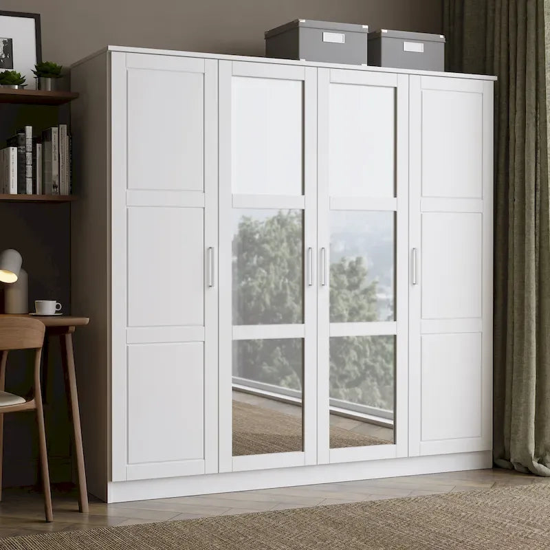 100% Solid Wood  4-Door Wardrobe with Solid Wood or Mirrored Doors