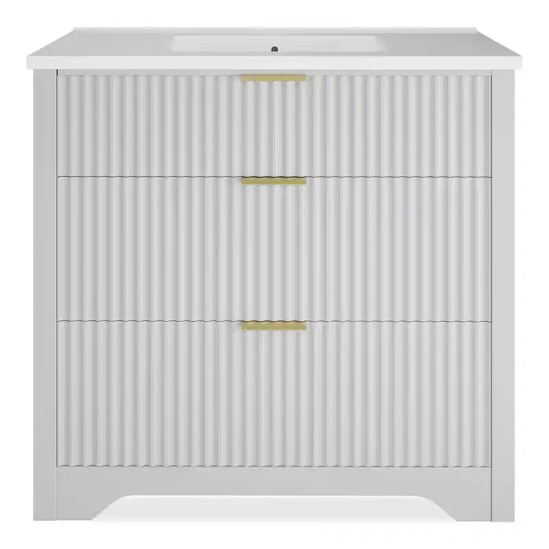 Modern Fluted Bathroom Vanity Set with Integrated Ceramic Basin Freestanding Bathroom Storage Vanity Cabinet with 3 Drawers for Contemporary Bathroom