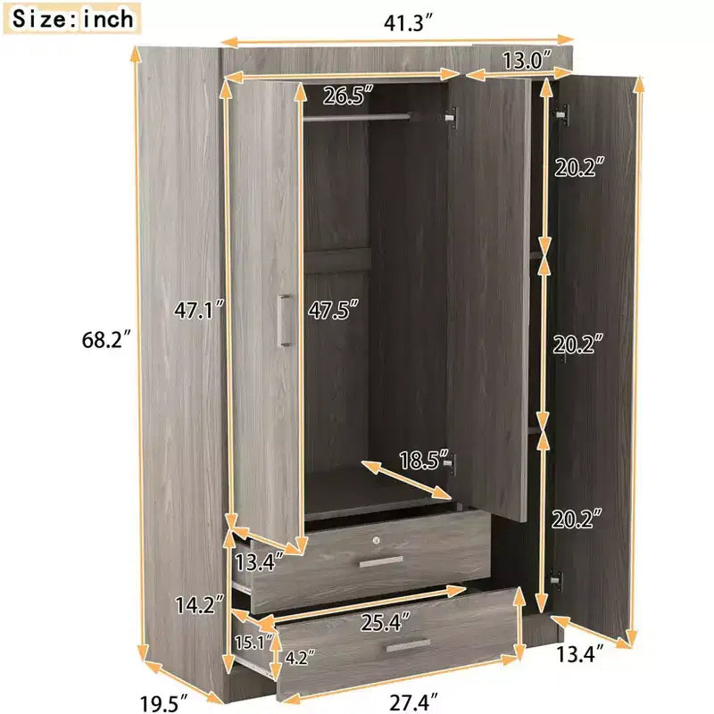 3-Door Wardrobe with Shelves and 2 Drawers, Clothing Armoire 4A - ModernLuxe