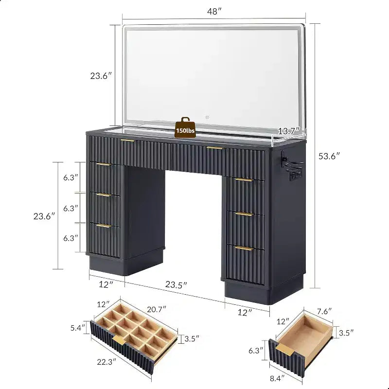 48 Fluted Makeup Vanity Desk with Mirror and Lights, Modern Vanity Table with 8 Drawers & Charging Station, Vanity Desk with Glass Top