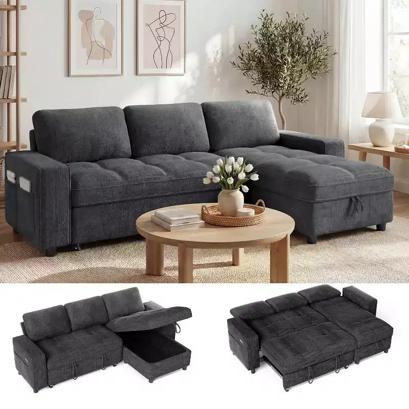 Sleeper Sofa Bed, 81 L-Shaped Pull Out Couch Bed with Reversible Storage Chaise/USB Port/Side Pocket/Tool-Free Assembly Corduroy Beige