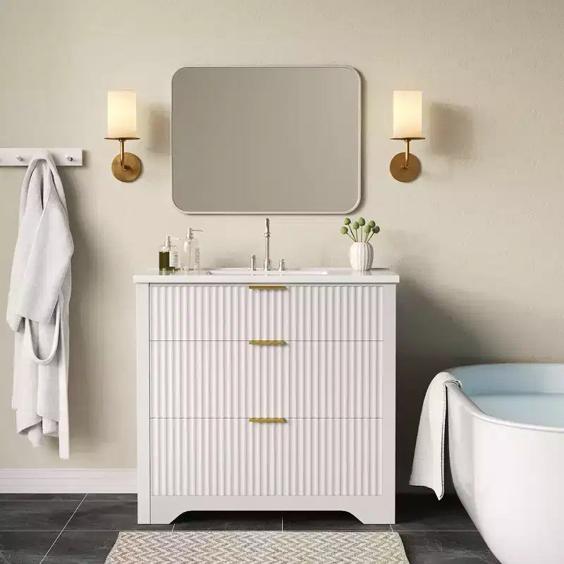 Modern Fluted Bathroom Vanity Set with Integrated Ceramic Basin Freestanding Bathroom Storage Vanity Cabinet with 3 Drawers for Contemporary Bathroom