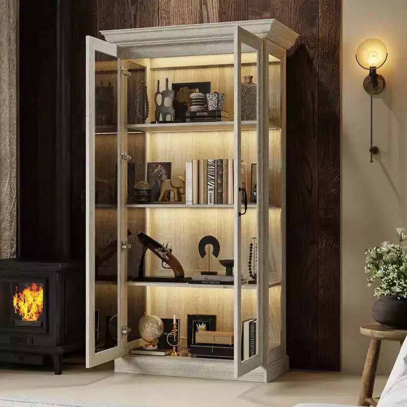 Famapy Bookcase Gray Oak Glass Display Cabinet wLED Light Strip, Tall Bookshelf with Doors Curio Storage Cabinet