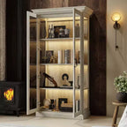 Famapy Bookcase Gray Oak Glass Display Cabinet wLED Light Strip, Tall Bookshelf with Doors Curio Storage Cabinet