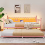 Twin Daybed with Trundle,with Charging Station & LED Lights,Metal Sofa Bed Frame with Pull Out Trundle for Living Room,Bedroom,Guest Room,Apartment