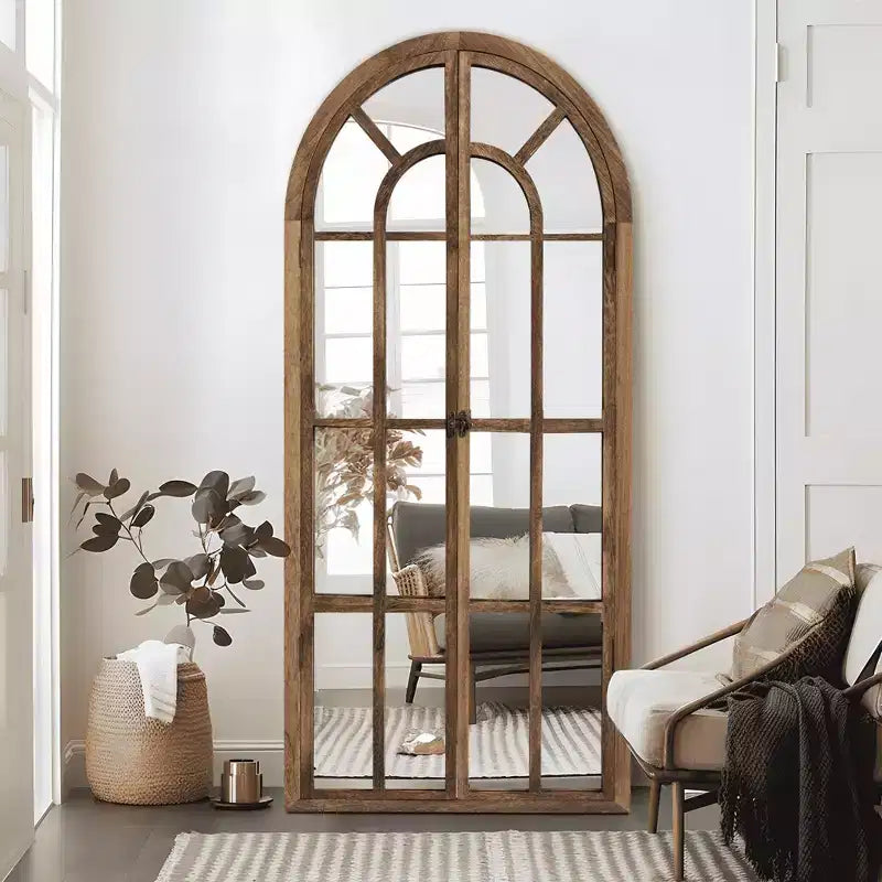 Full-Length Wall Mirror, Solid Wood Grid Arch Design, Openable, No Stand