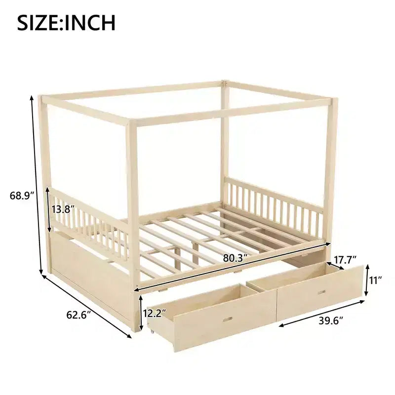 Cadre de lit à baldaquin en bois Whisen de taille Queen avec 2 tiroirs de rangement intégrés, construction robuste et durable