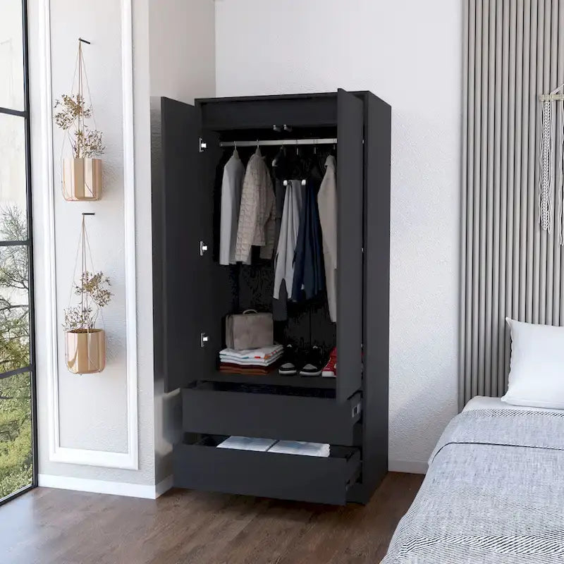 20.47  Modern Double-door Armoire with Hanging Rod and Two Drawers for Bedroom