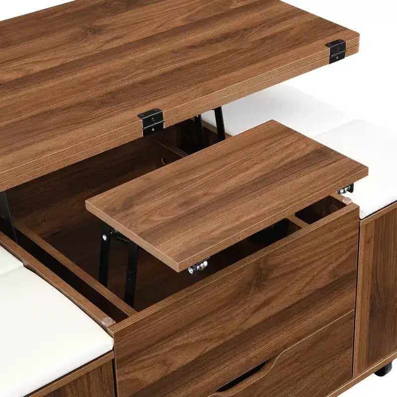 Multi-Function Modern Lift-Top Coffee Table with Hidden Storage, 4 Stools and Casters, Perfect for Modern Living Spaces
