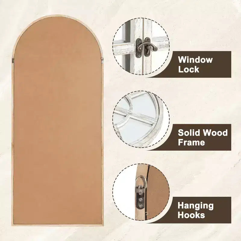 Full-Length Wall Mirror, Solid Wood Grid Arch Design, Openable, No Stand