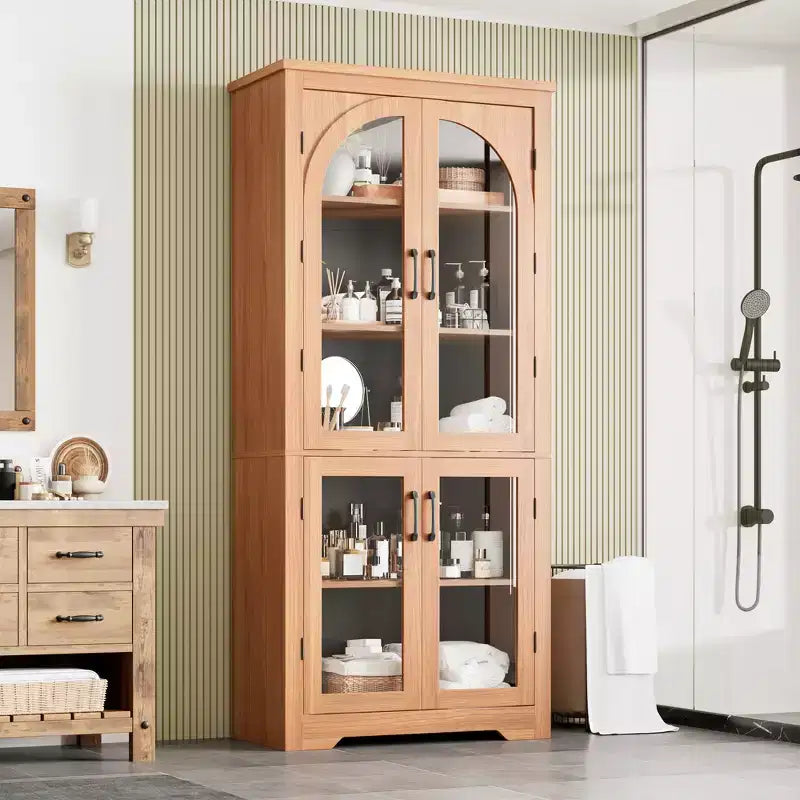 70 Tall Kitchen Pantry Cabinet, Modern Display Cabinet with 4 Arched Glass Doors and Adjustable Shelves, for Kitchen, Living Room, Dining, Bathroom