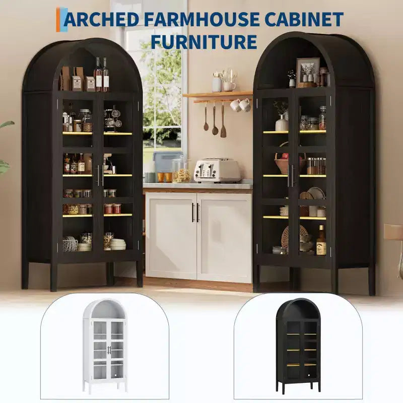 Storage Cabinet, Black/White, Arched Style, Single, 71 Tall with LED Lights & Glass Doors