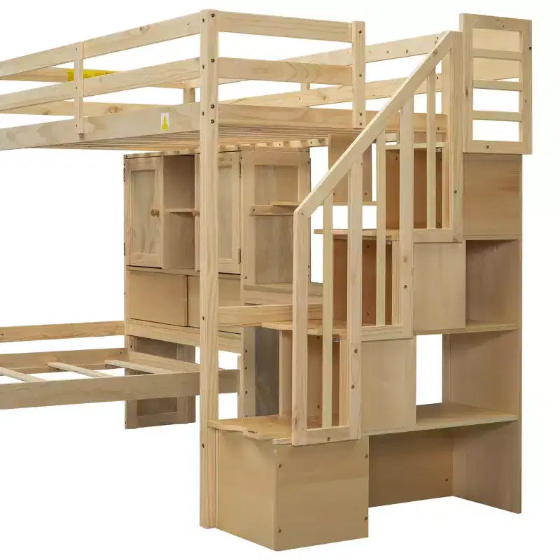 Wood Twin Size Bunk Bed with Desk and Staircase, L-Shaped Twin over Twin Loft Bed with Storage Compartments and Shelves