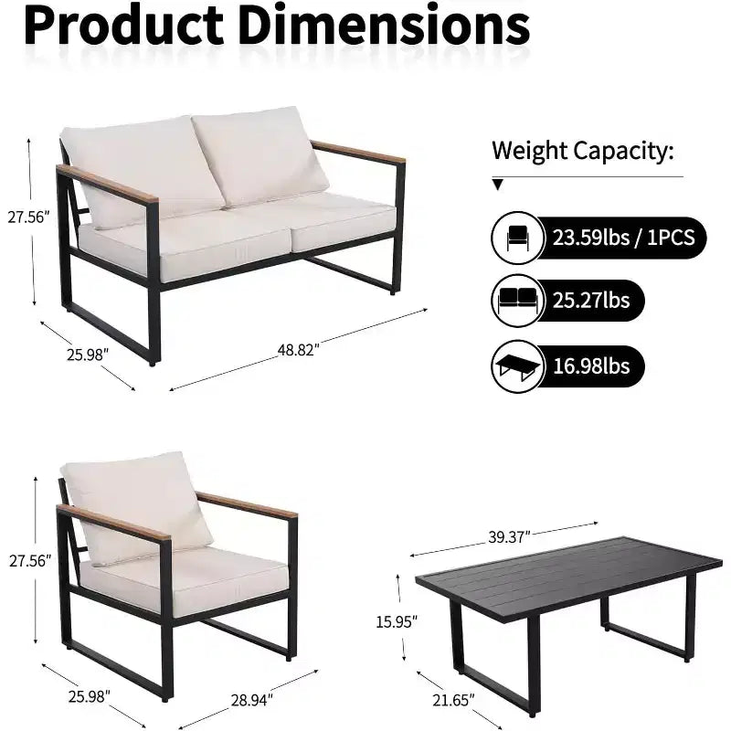 Ensembles de meubles de patio en métal d'extérieur pour 4 personnes, meubles de jardin avec causeuse et table basse, pour porche, appartements, jardin