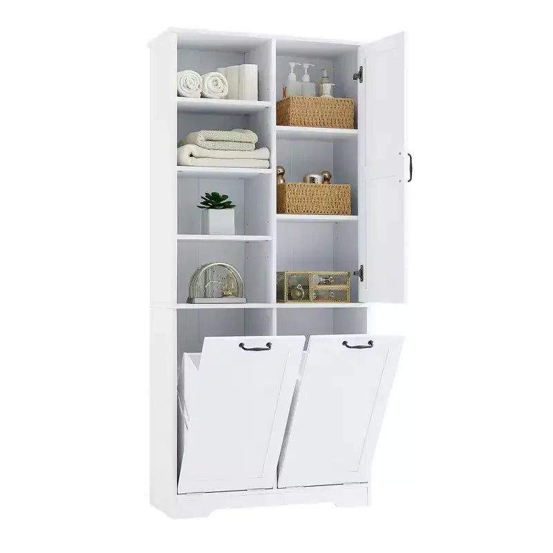 Bathroom Storage Cabinet with Doors and Drawers Tilt-Out Laundry Hamper Multiple Storage Space Freestanding Style