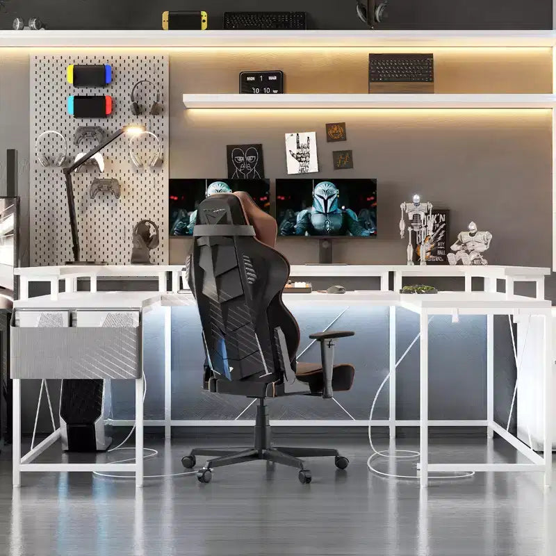 COZONY 78 U/L Shaped Gaming Desk, Reversible Computer Desk with Power Outlets, LED Lights, Monitor Stand & Storage Shelf, Corner Desk for Home Office